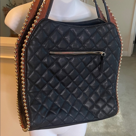 Big Buddha Black Quilted Shoulder Bag with Gold Bead Trim and Tan Edging - Picture 8 of 10